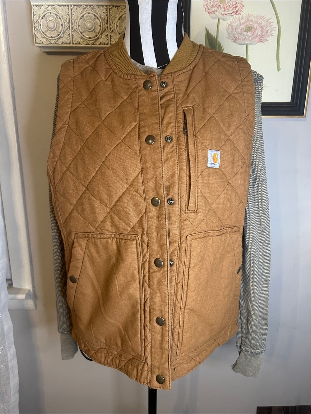Woman’s Carhartt Quilted Work Vest in Brown Duck & y2k Harley Thermal shirt